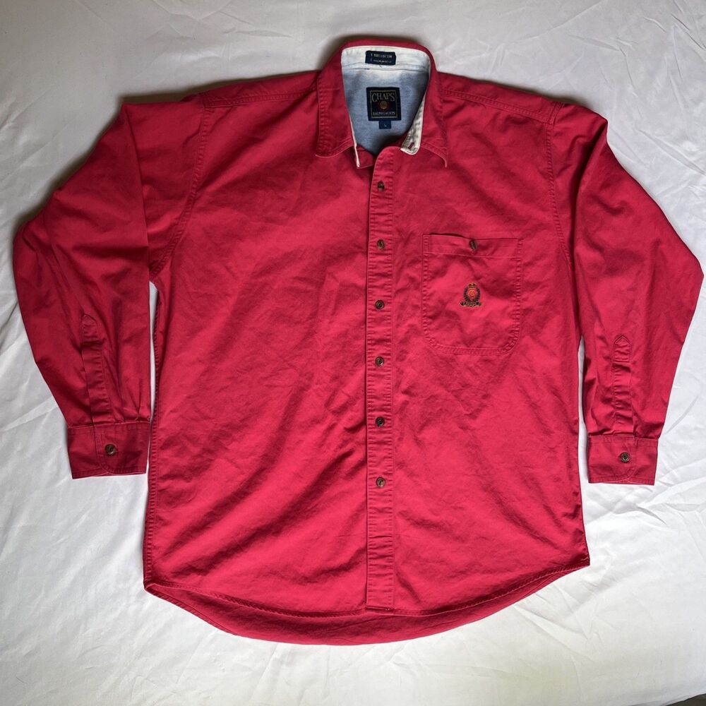 VTG Chaps Shirt Mens LARGE Red Ralph Lauren Button Up Long Sleeve Size L Faded